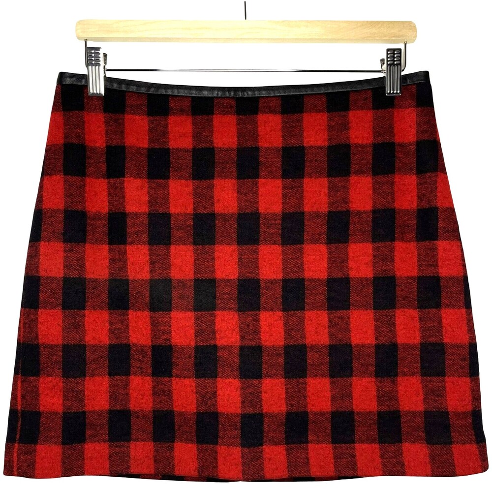 Madewell Gamine Mini Skirt Womens 8 Wool Red Buffalo Check Leather Trim Lined